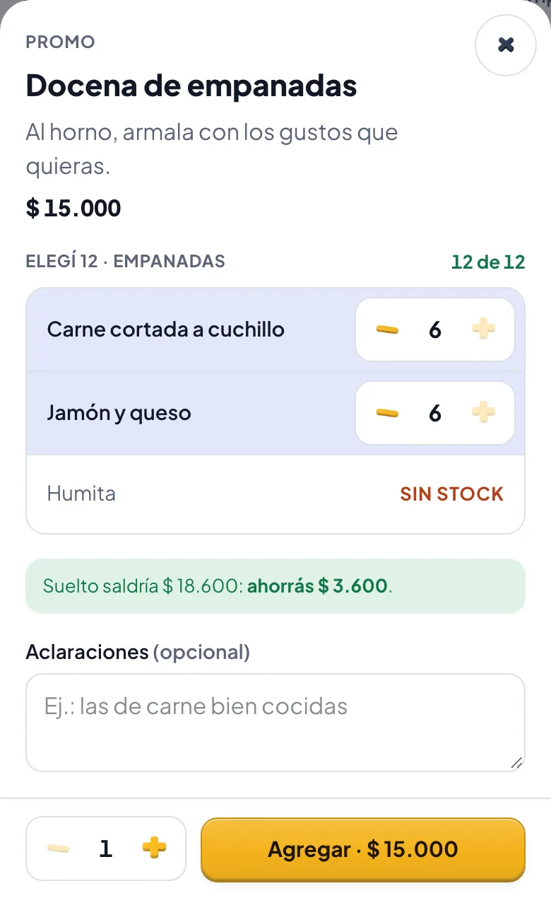 La promo Docena de empanadas en la tienda: 6 de carne y 6 de jamón y queso elegidas, humita sin stock, y el aviso de que se ahorra $ 3.600.