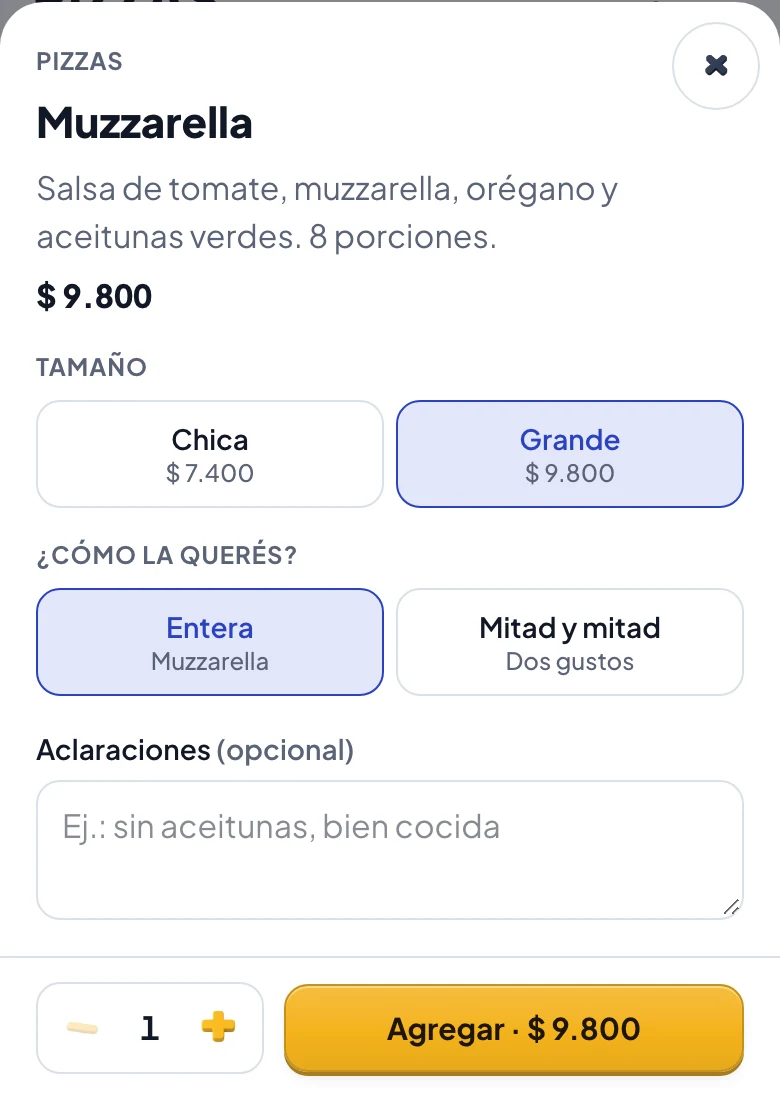 La ficha de una pizza en la tienda, con los tamaños chica, mediana y grande y el precio de cada uno.